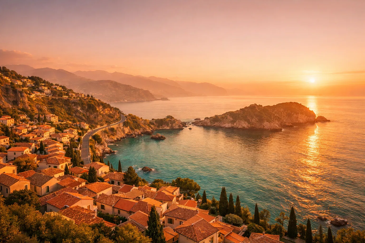 Mediterranean coastal town at golden hour